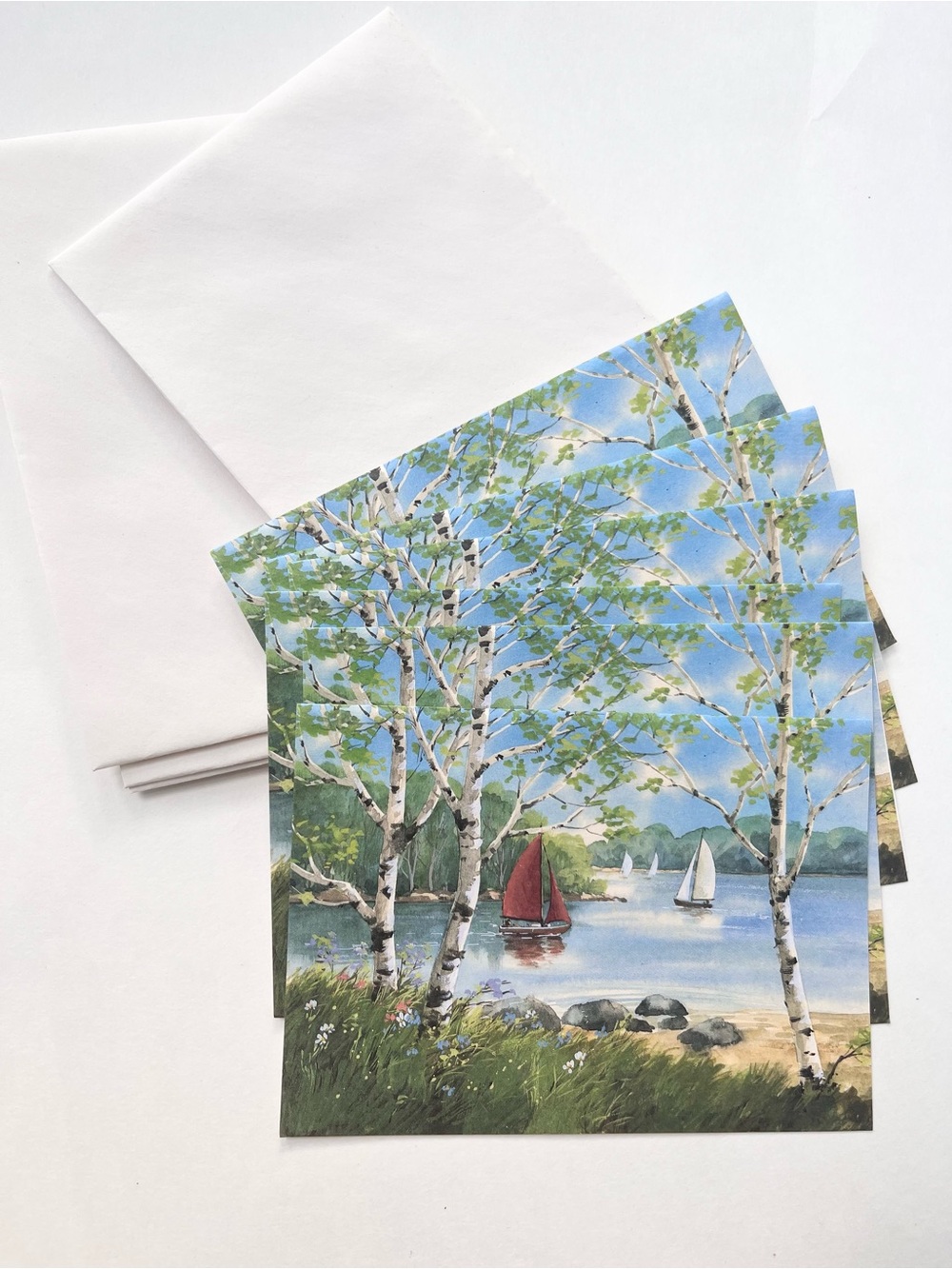 Vintage 1995 Sailboat River Scene Painting Blank Greeting Cards
